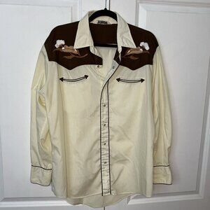 Vintage K-mart Pearl Snap Shirt Mens L Western Cream Cowboy Rodeo Rancher Farm